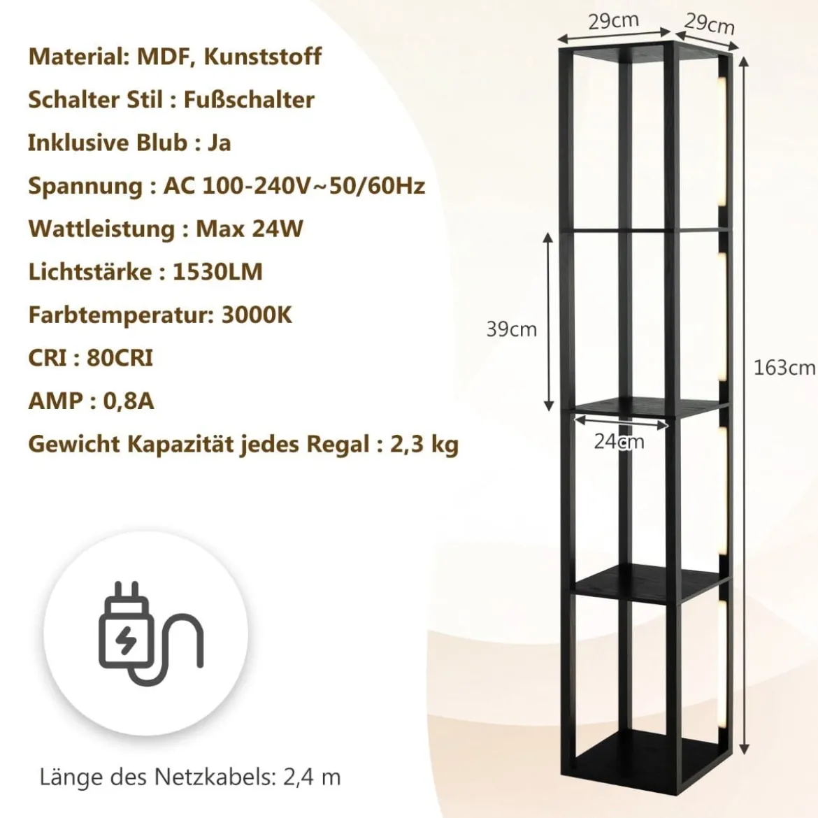 Stehlampe Modernes Beleuchtetes Ablageregal 29 x 29 x 163 cm Schwarz