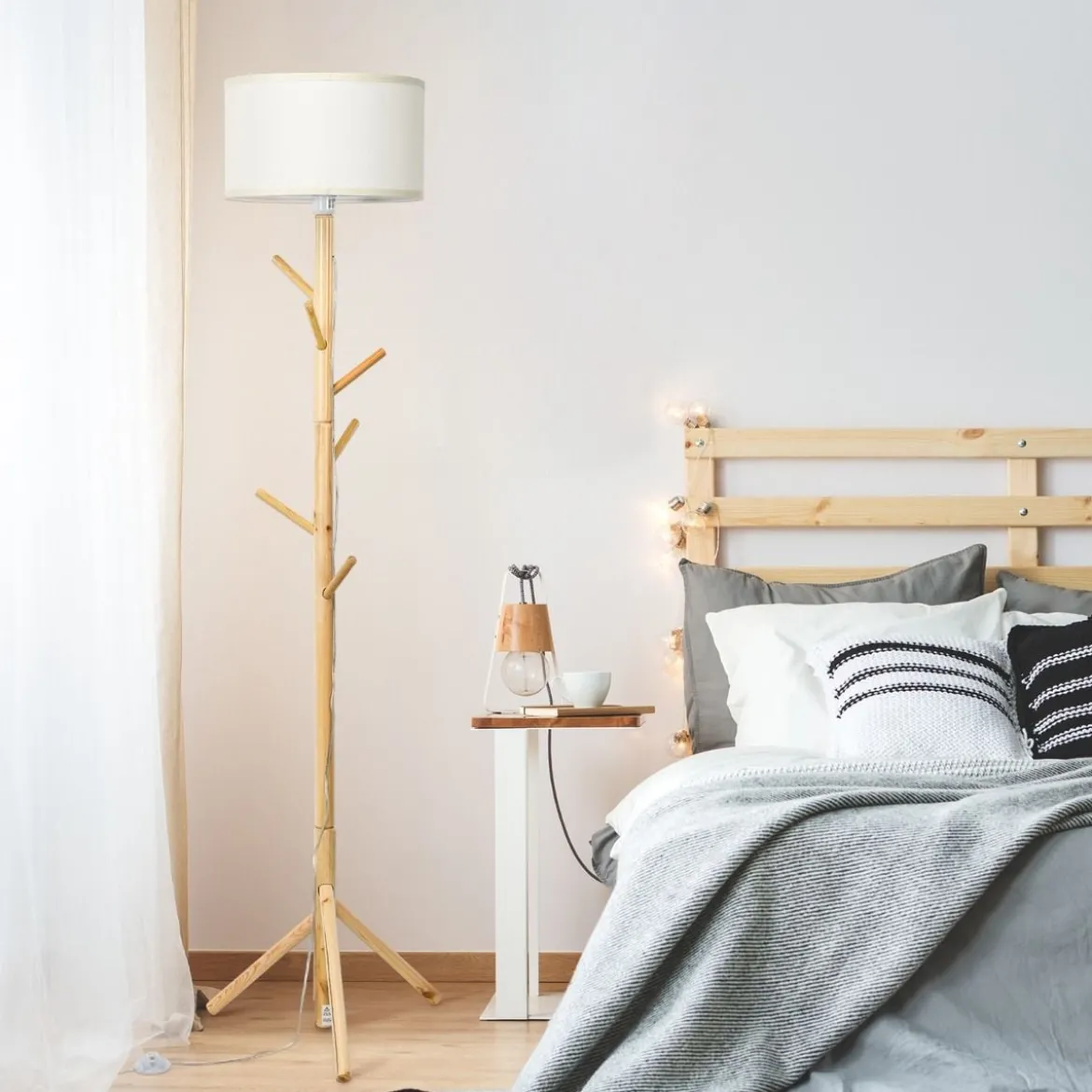 Stehleuchte Garderobenständer mit 6 Haken Stehlampe Holz E27 Fassung für Wohnzimmer Schlafzimmer Büro 180cm