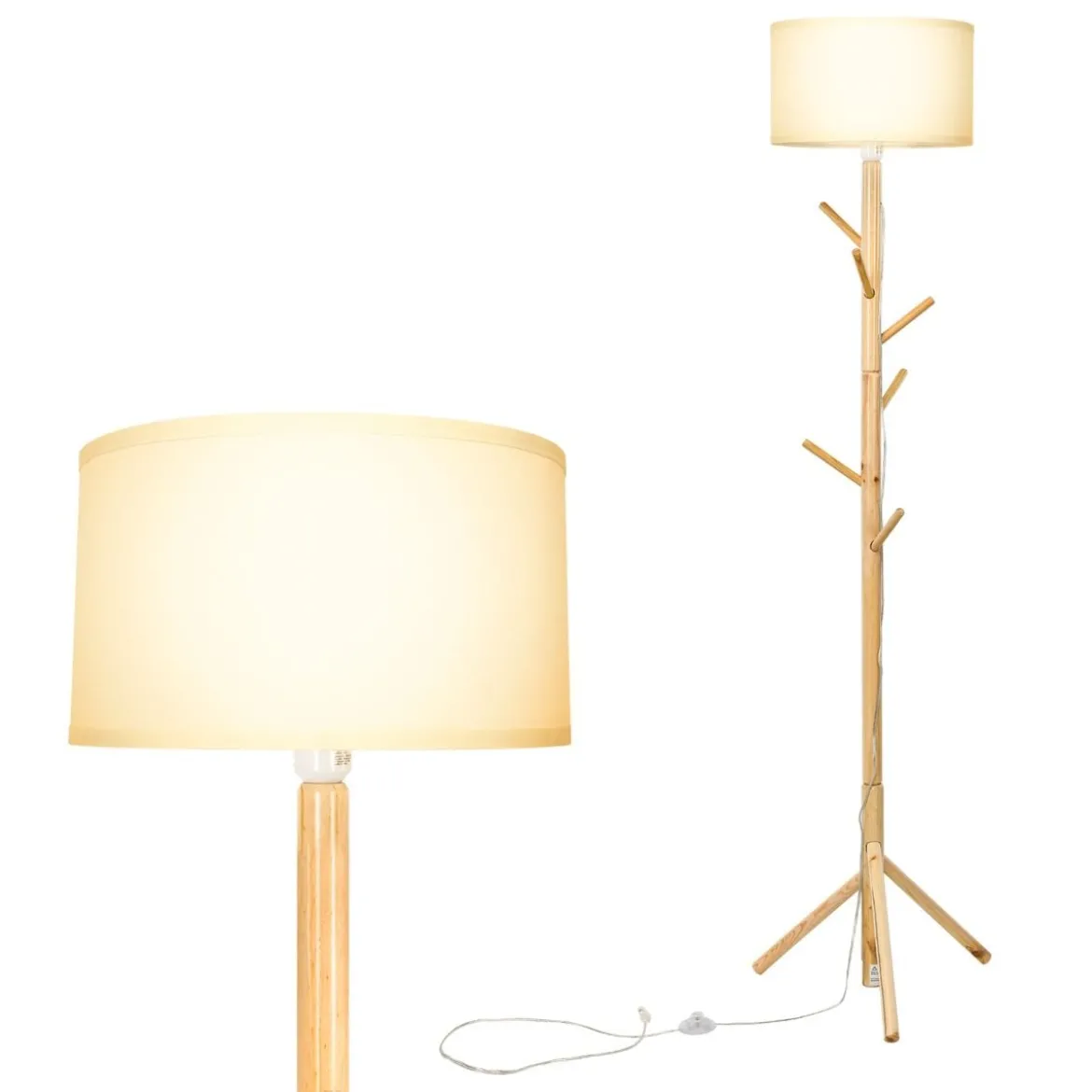 Stehleuchte Garderobenständer mit 6 Haken Stehlampe Holz E27 Fassung für Wohnzimmer Schlafzimmer Büro 180cm