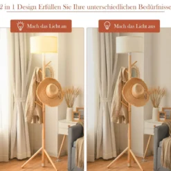 Stehleuchte Garderobenständer mit 6 Haken Stehlampe Holz E27 Fassung für Wohnzimmer Schlafzimmer Büro 180cm