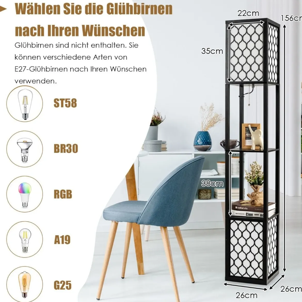 Stehleuchte Regal Freistehende Doppellampe mit Holzregal & Weißem Lampenschirm 26 x 26 x 156 cm
