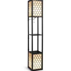 Stehleuchte Regal Freistehende Doppellampe mit Holzregal & Weißem Lampenschirm 26 x 26 x 156 cm