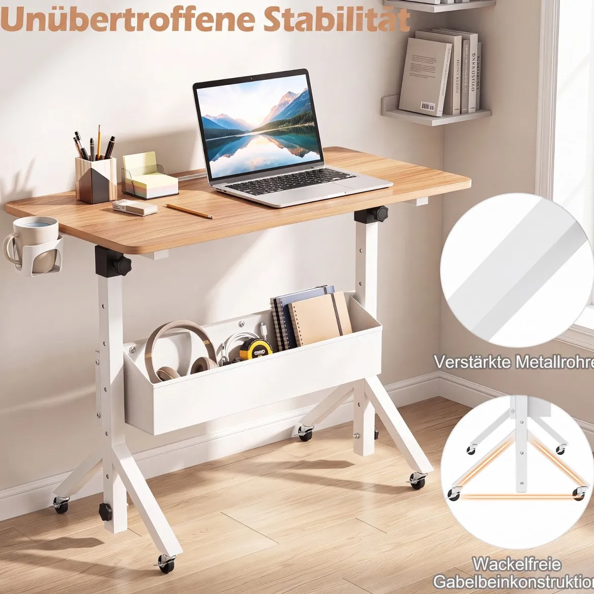 Stehpult Höhenverstellbar 70-117 cm Mobiler Schreibtisch auf Rollen mit Stoffkorb Tablet-Rille Natur