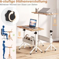 Stehpult Höhenverstellbar 70-117 cm Mobiler Schreibtisch auf Rollen mit Stoffkorb Tablet-Rille Natur