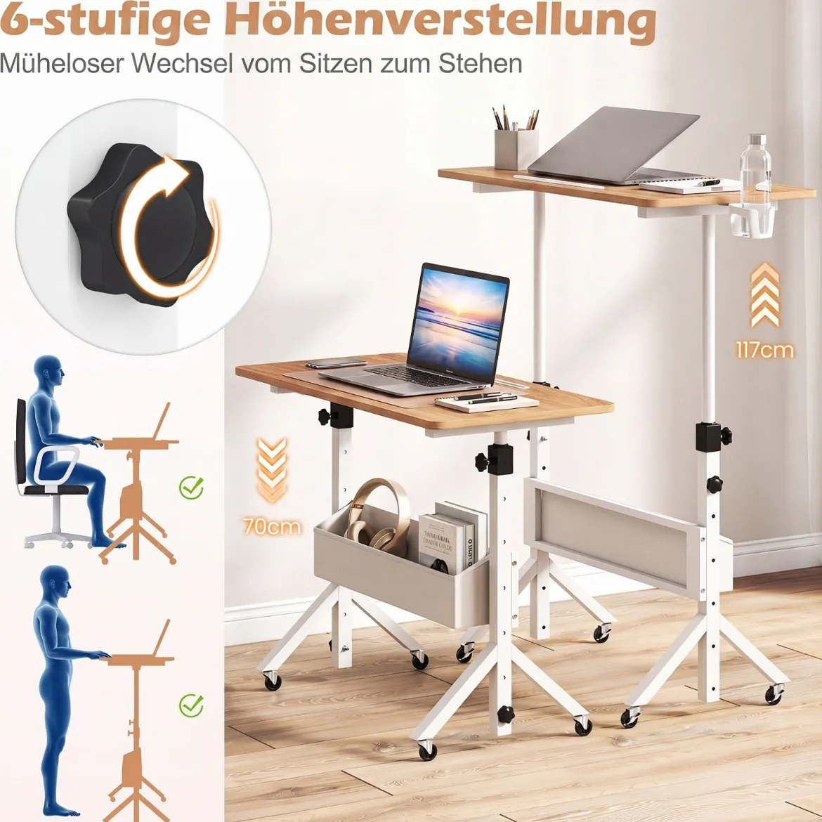 Stehpult Höhenverstellbar 70-117 cm Mobiler Schreibtisch auf Rollen mit Stoffkorb Tablet-Rille Natur