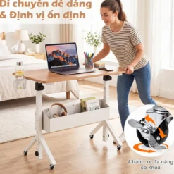 Stehpult Höhenverstellbar 70-117 cm Mobiler Schreibtisch auf Rollen mit Stoffkorb Tablet-Rille Natur