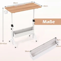 Stehpult Höhenverstellbar 70-117 cm Mobiler Schreibtisch auf Rollen mit Stoffkorb Tablet-Rille Natur
