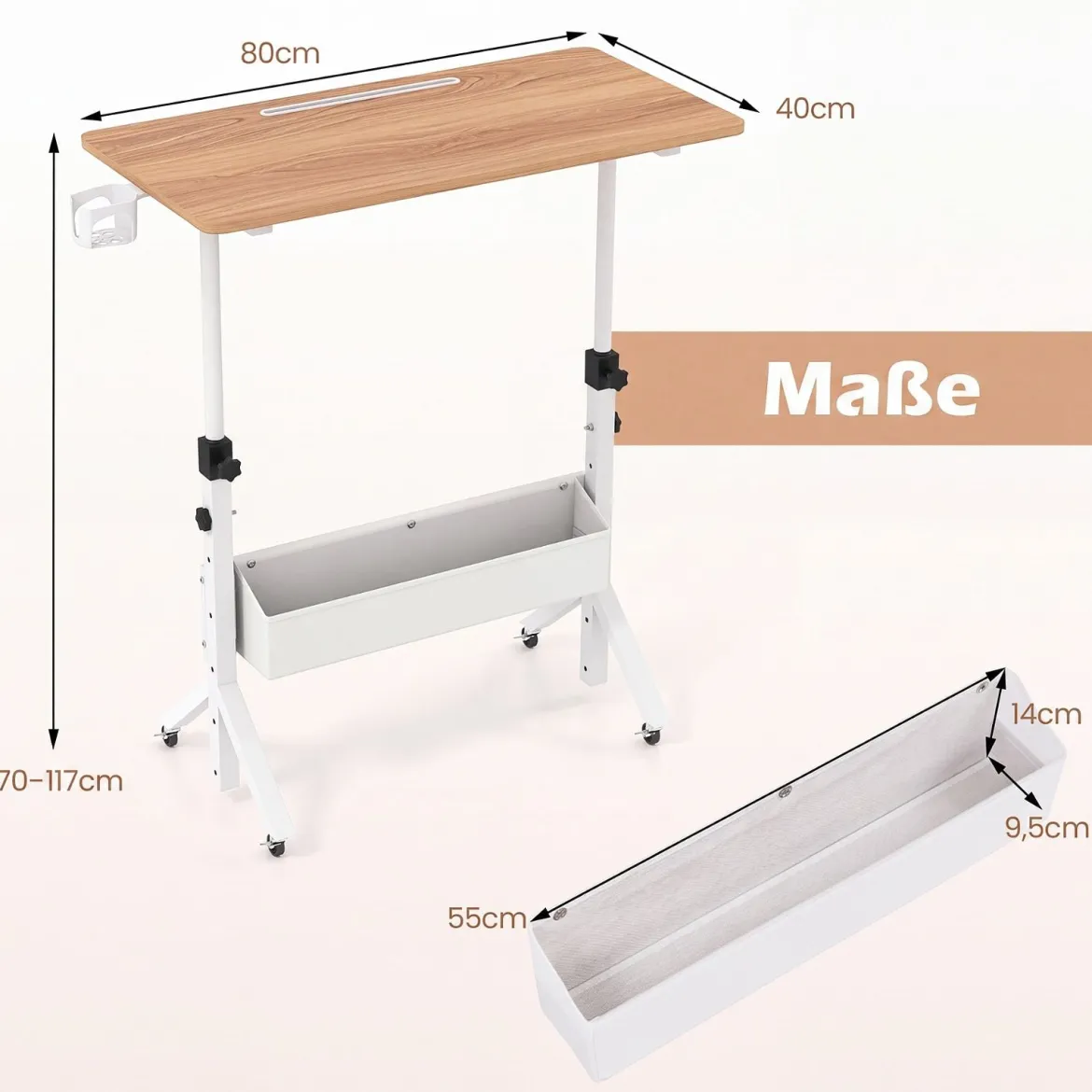 Stehpult Höhenverstellbar 70-117 cm Mobiler Schreibtisch auf Rollen mit Stoffkorb Tablet-Rille Natur