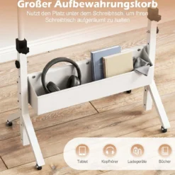 Stehpult Höhenverstellbar 70-117 cm Mobiler Schreibtisch auf Rollen mit Stoffkorb Tablet-Rille Weiß