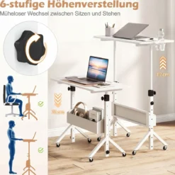 Stehpult Höhenverstellbar 70-117 cm Mobiler Schreibtisch auf Rollen mit Stoffkorb Tablet-Rille Weiß