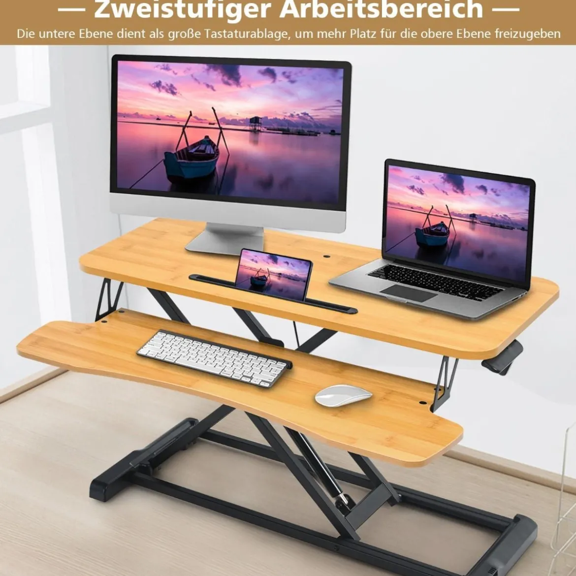 Stehpult Höhenverstellbarer Stehpultständer mit Tastaturablage 80 x 64 x 11-50,5 cm Natur + Schwarz