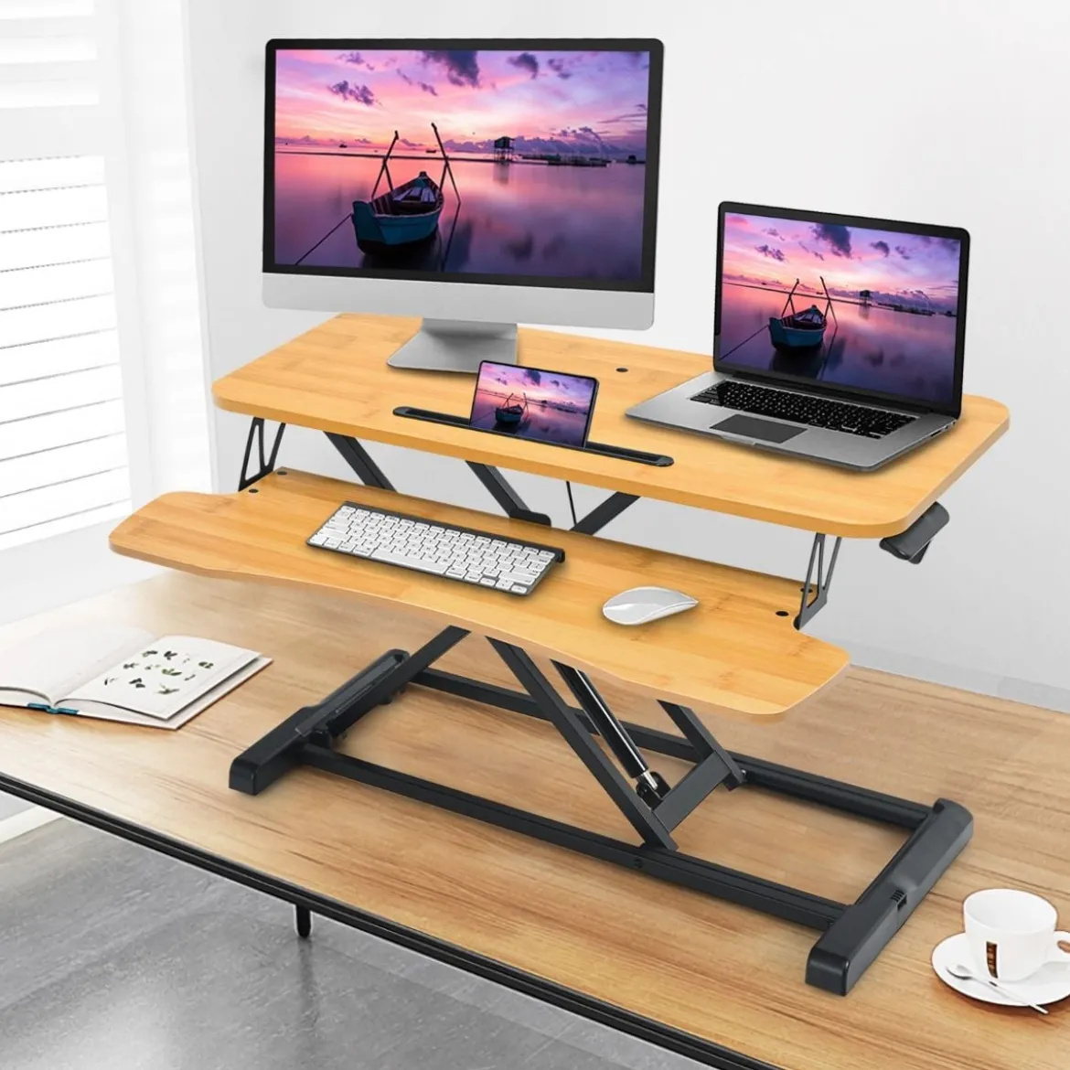 Stehpult Höhenverstellbarer Stehpultständer mit Tastaturablage 80 x 64 x 11-50,5 cm Natur + Schwarz