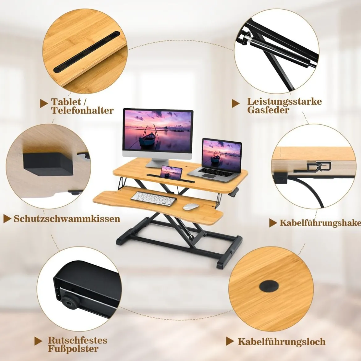 Stehpult Höhenverstellbarer Stehpultständer mit Tastaturablage 80 x 64 x 11-50,5 cm Natur + Schwarz
