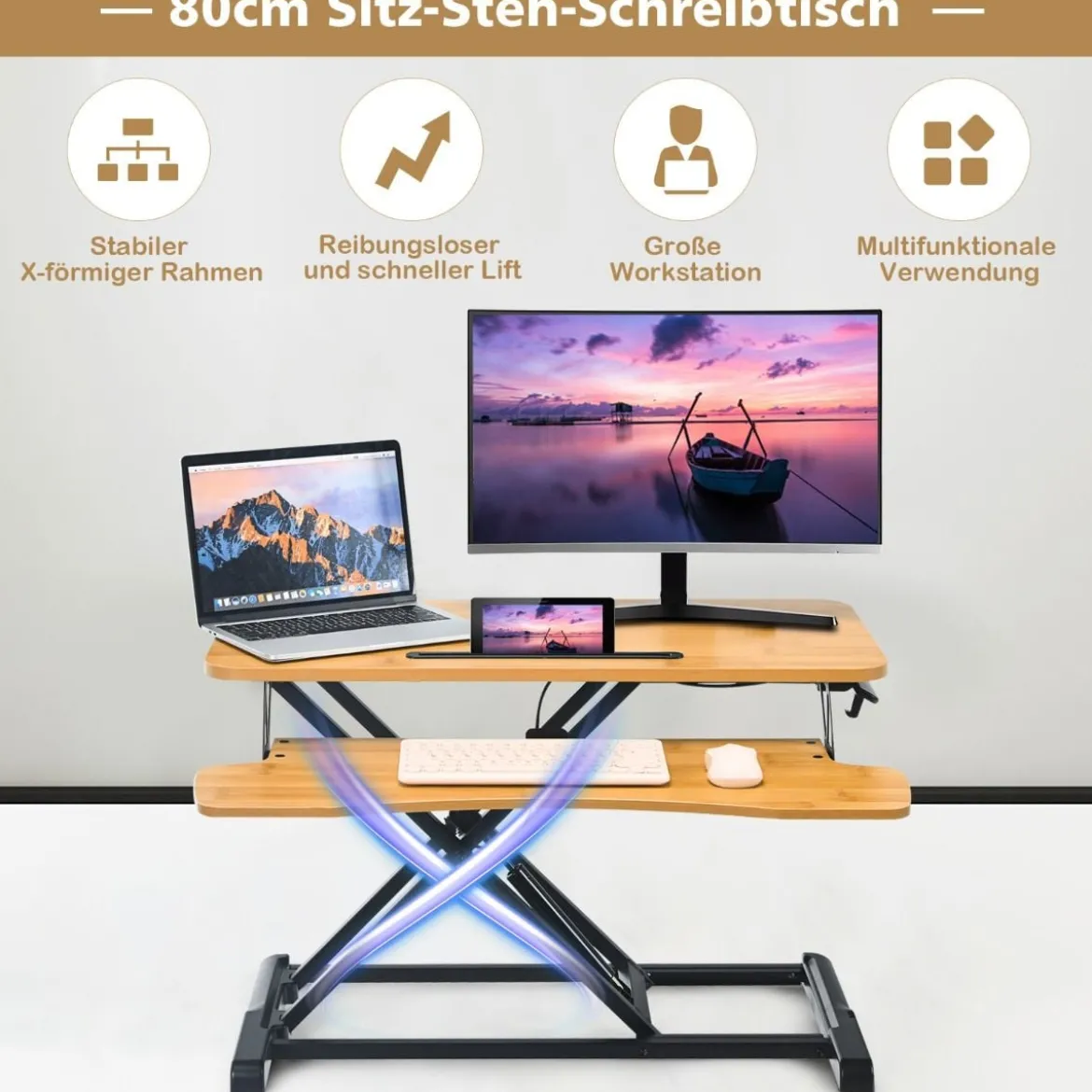 Stehpult Höhenverstellbarer Stehpultständer mit Tastaturablage 80 x 64 x 11-50,5 cm Natur + Schwarz