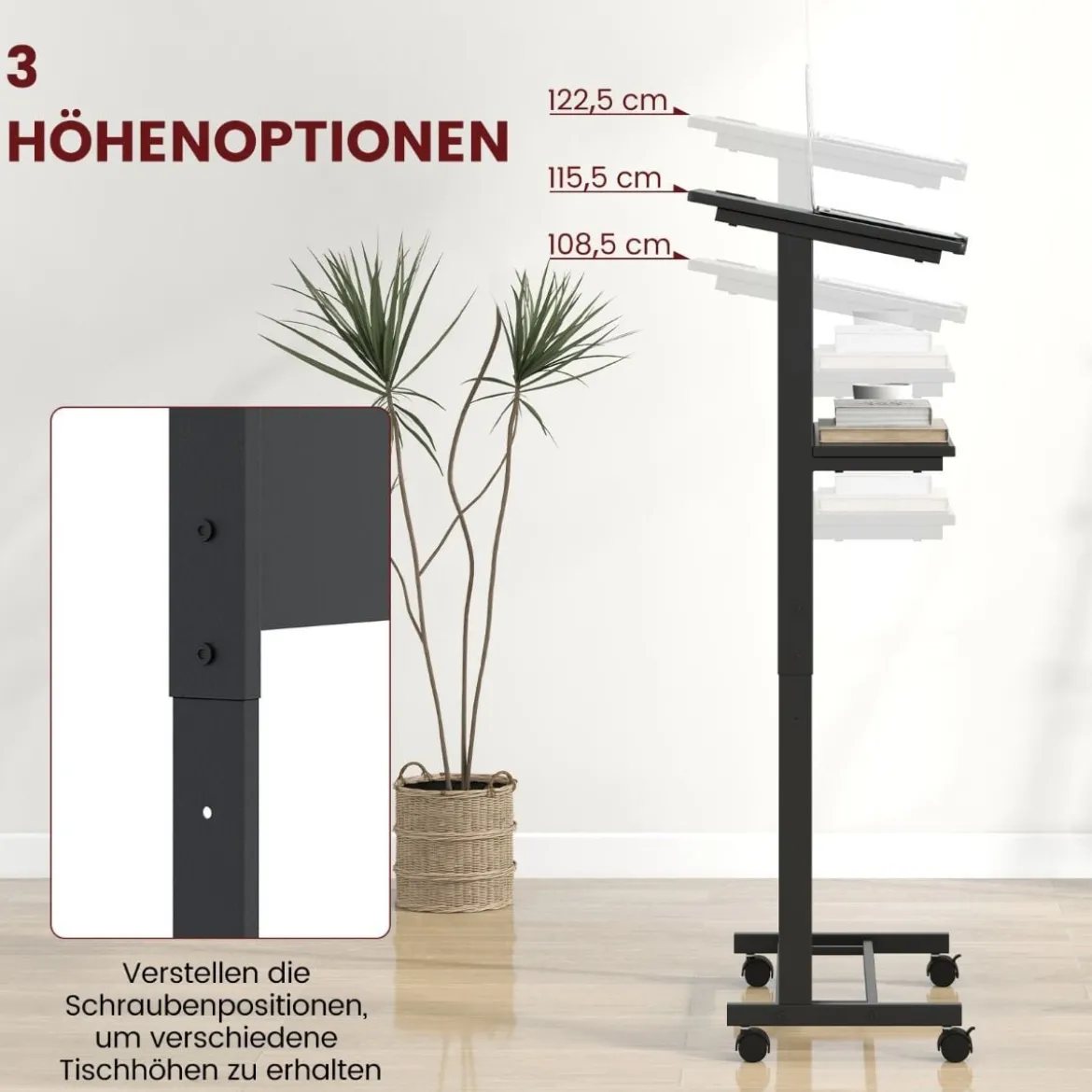 Stehpult höhenverstellbar Steh-Sitz Schreibtisch mit Rollen mobiler Stehschreibtisch Schwarz