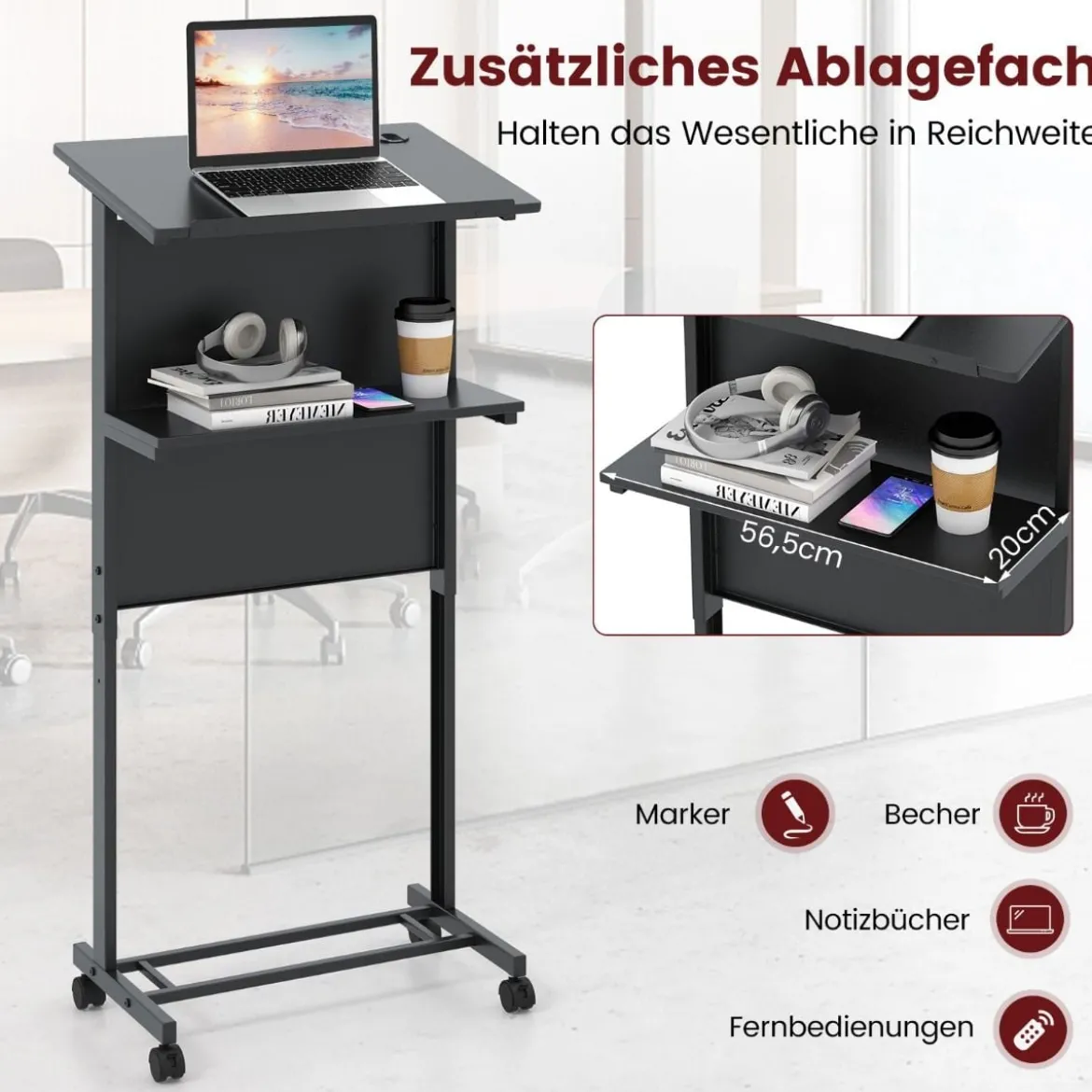 Stehpult höhenverstellbar Steh-Sitz Schreibtisch mit Rollen mobiler Stehschreibtisch Schwarz
