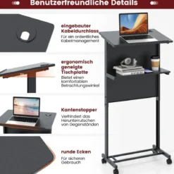 Stehpult höhenverstellbar Steh-Sitz Schreibtisch mit Rollen mobiler Stehschreibtisch Schwarz