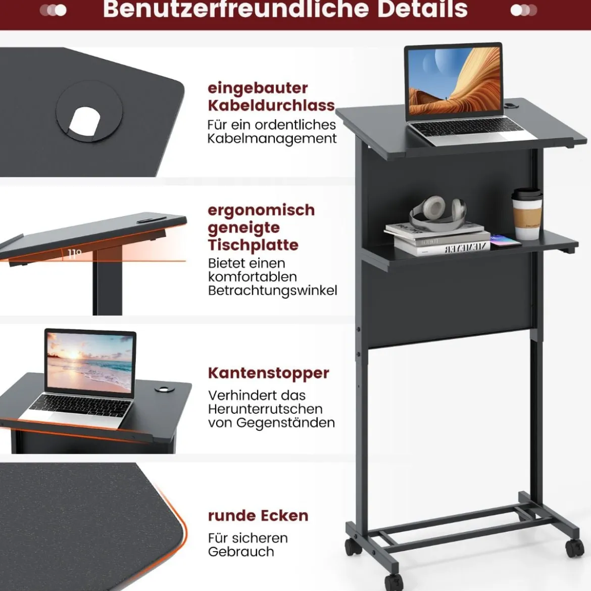 Stehpult höhenverstellbar Steh-Sitz Schreibtisch mit Rollen mobiler Stehschreibtisch Schwarz