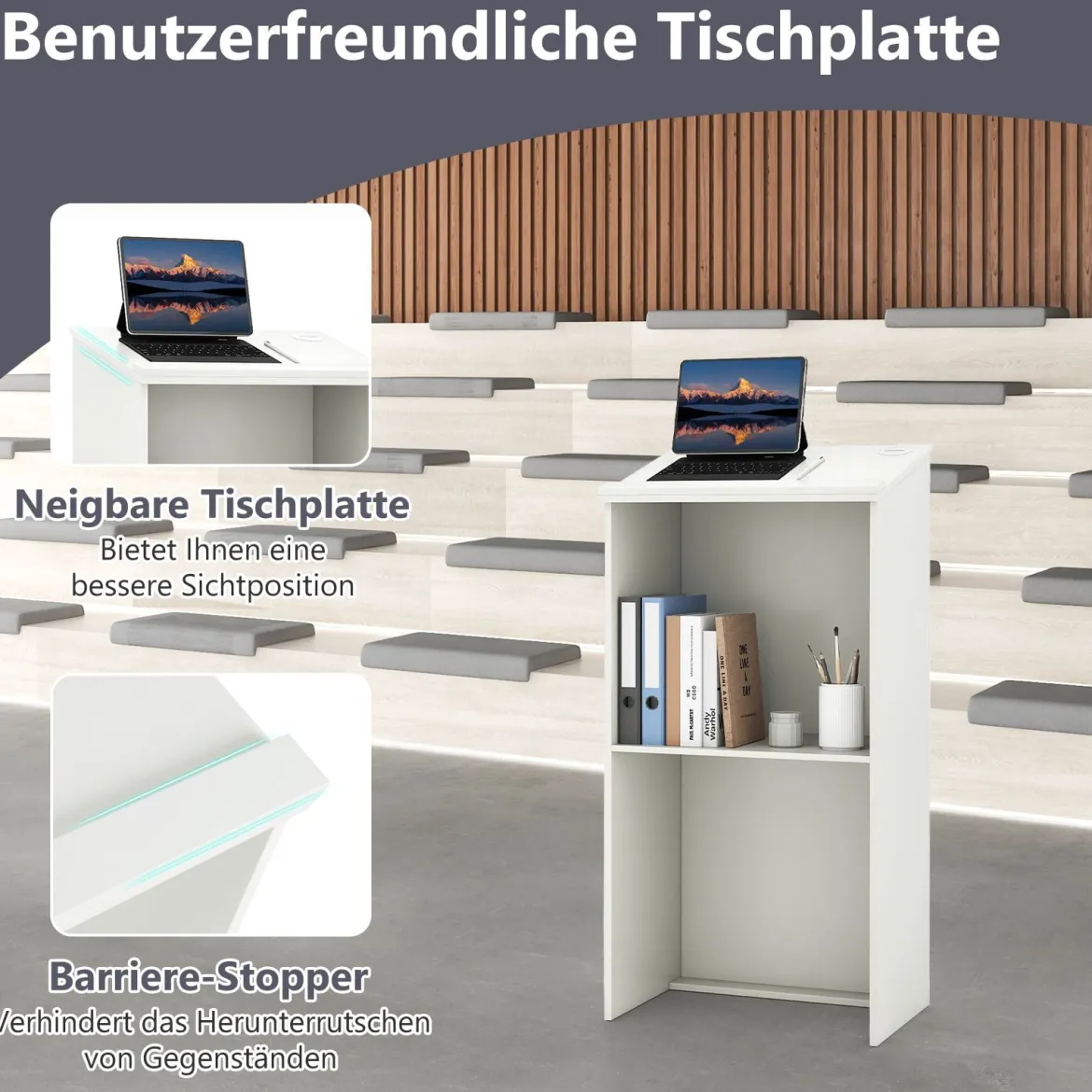 Stehpult Rednerpult mit Ablagefläche und Kabeldurchführungen Stehtisch Weiß