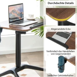 Stehschreibtisch Sitz-Steh Schreibtisch mit Arbeitsplatte und 4 Rollen 72 x 50 x 74-107 cm Braun + Schwarz