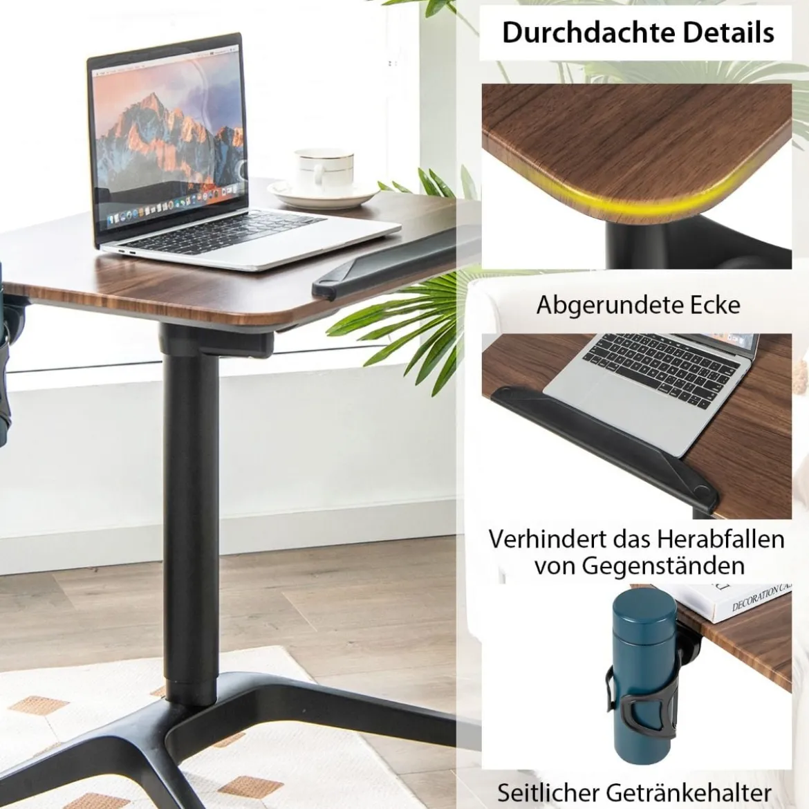 Stehschreibtisch Sitz-Steh Schreibtisch mit Arbeitsplatte und 4 Rollen 72 x 50 x 74-107 cm Braun + Schwarz