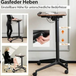 Stehschreibtisch Sitz-Steh Schreibtisch mit Arbeitsplatte und 4 Rollen 72 x 50 x 74-107 cm Braun + Schwarz