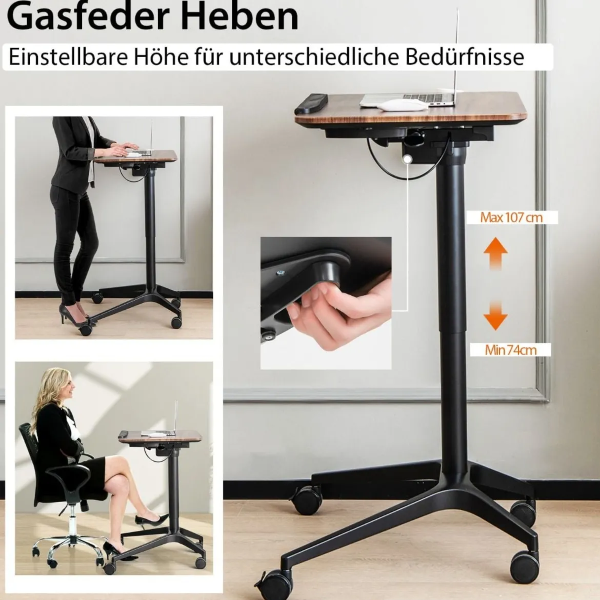 Stehschreibtisch Sitz-Steh Schreibtisch mit Arbeitsplatte und 4 Rollen 72 x 50 x 74-107 cm Braun + Schwarz