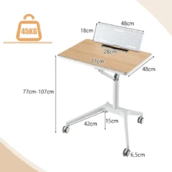 Stehschreibtisch Sitz-Steh Schreibtisch mit Arbeitsplatte und 4 Rollen 71 x 48 x 77-107 cm Natur + Weiß