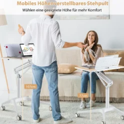 Stehschreibtisch Sitz-Steh Schreibtisch mit Arbeitsplatte und 4 Rollen 71 x 48 x 77-107 cm Natur + Weiß