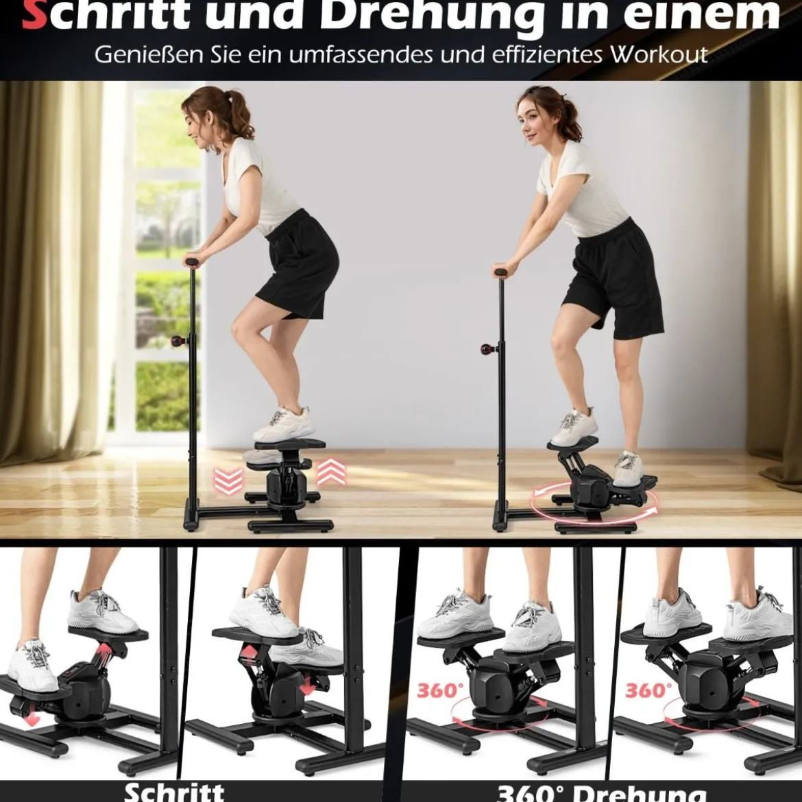 Stepper für Training Twist Stair Stepper Trainingsgerät mit höhenverstellbarem Griff & Rutschfesten Pedalen Schwarz