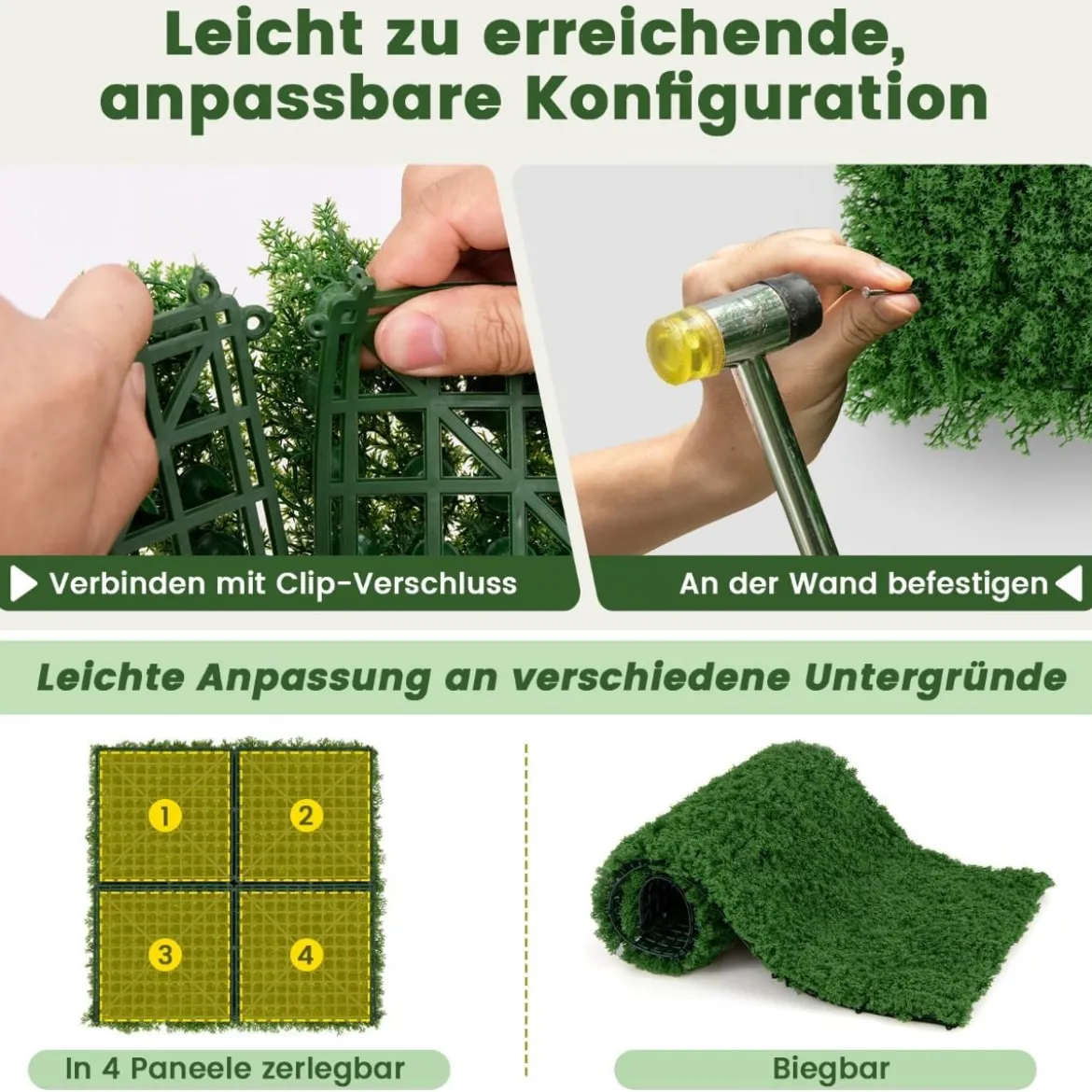 12 Stk. Pflanzenwand 50,5 x 50,5 cm künstliche Mooswand miteinander verbindbar Dunkelgrün