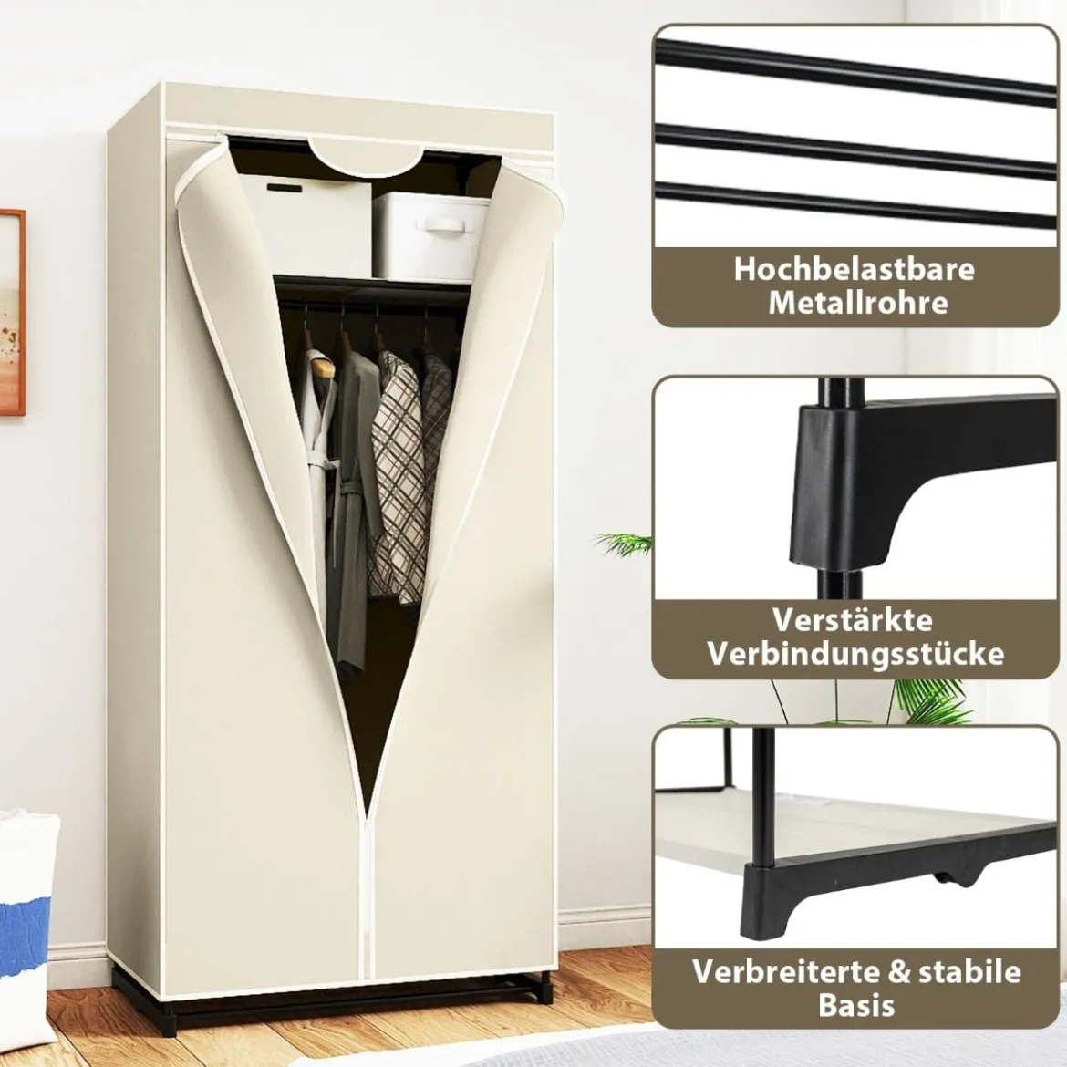 Stoff Kleiderschrank mit Kleiderstange & Ablage Stoffschrank Faltschrank Stoffkleiderschrank
