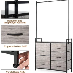 Stoffschrank mit Kleiderstange mit 8 Schubladen 85 x 29 x 167 cm Schwarz + Grau