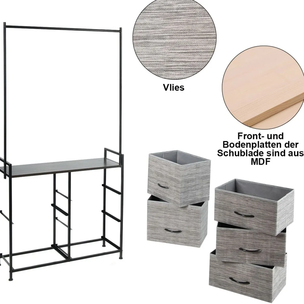 Stoffschrank mit Kleiderstange mit 8 Schubladen 85 x 29 x 167 cm Schwarz + Grau