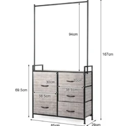 Stoffschrank mit Kleiderstange mit 8 Schubladen 85 x 29 x 167 cm Schwarz + Grau