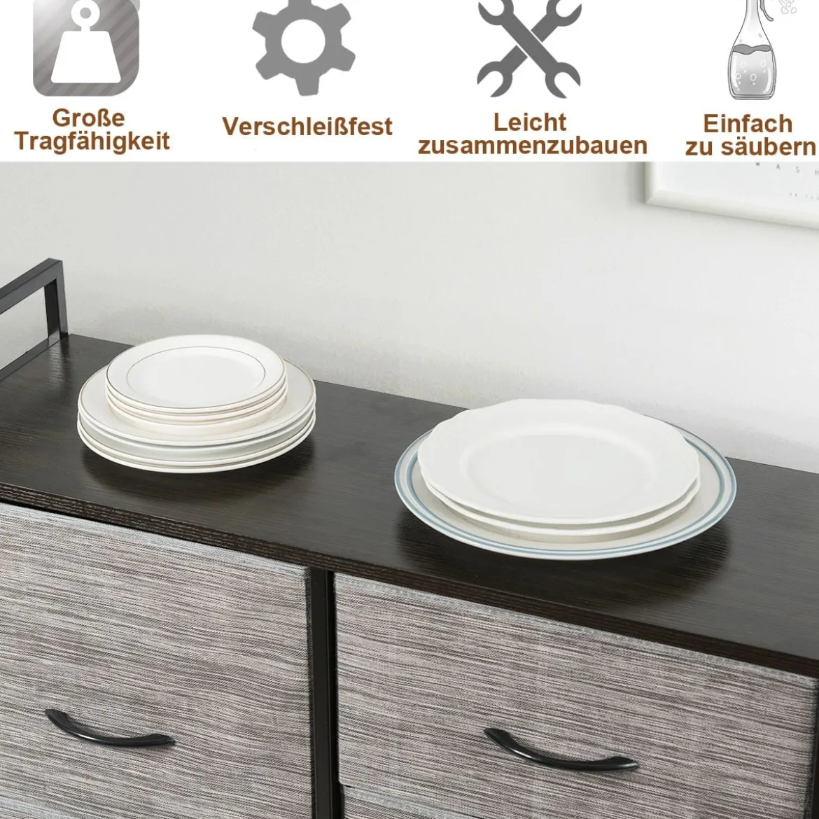 Stoffschrank mit Kleiderstange mit 8 Schubladen 85 x 29 x 167 cm Schwarz + Grau