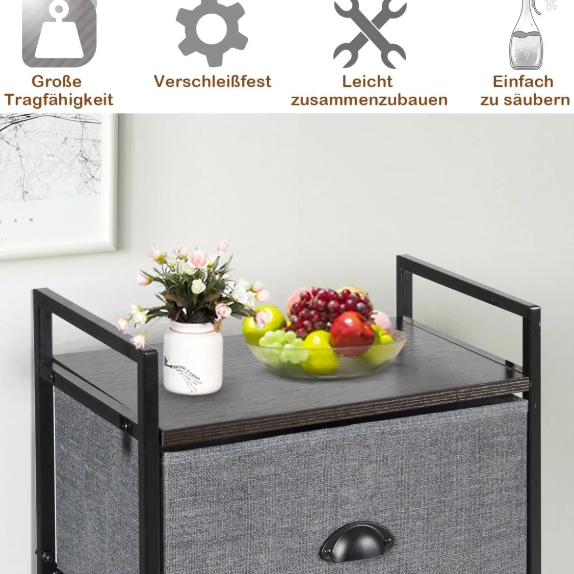 Stoffschrank mit Kleiderstange mit 8 Schubladen 146 x 29,5 x 190 cm Schwarz + Grau