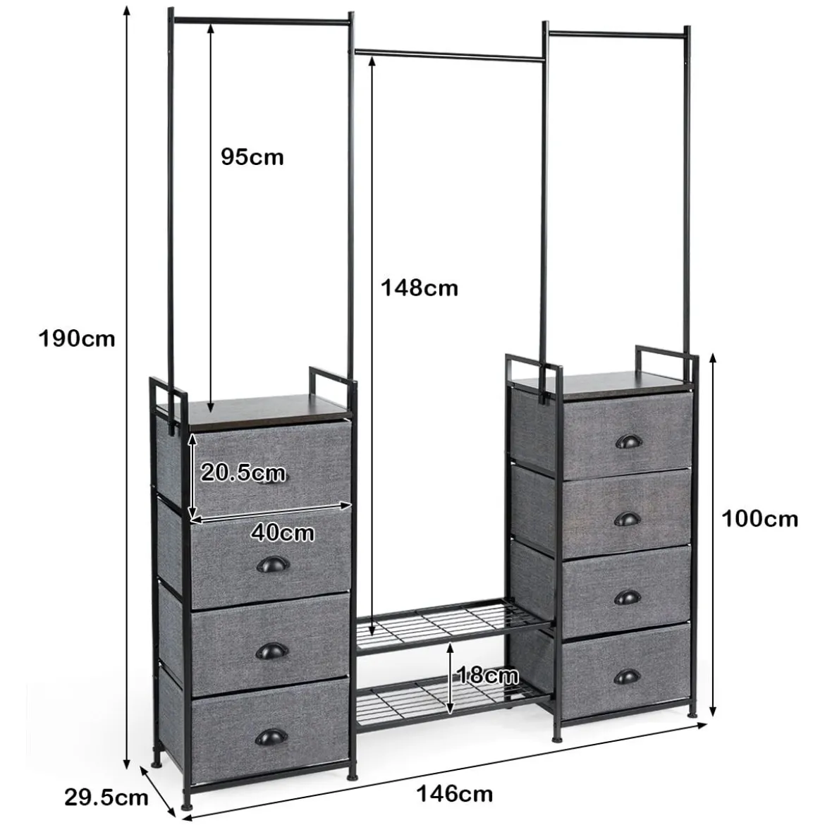 Stoffschrank mit Kleiderstange mit 8 Schubladen 146 x 29,5 x 190 cm Schwarz + Grau