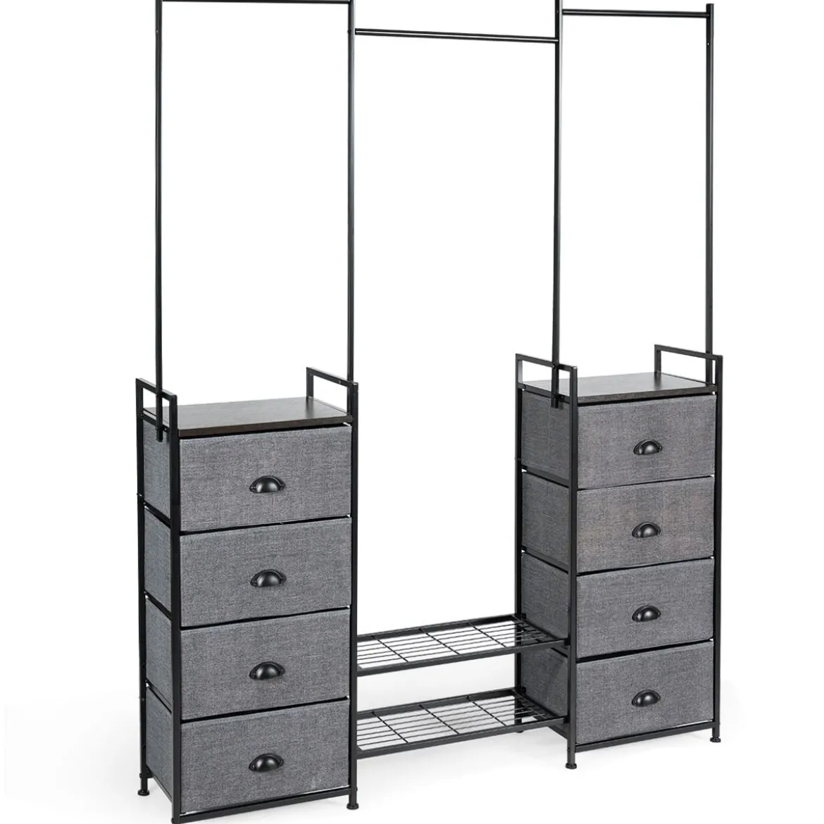 Stoffschrank mit Kleiderstange mit 8 Schubladen 146 x 29,5 x 190 cm Schwarz + Grau