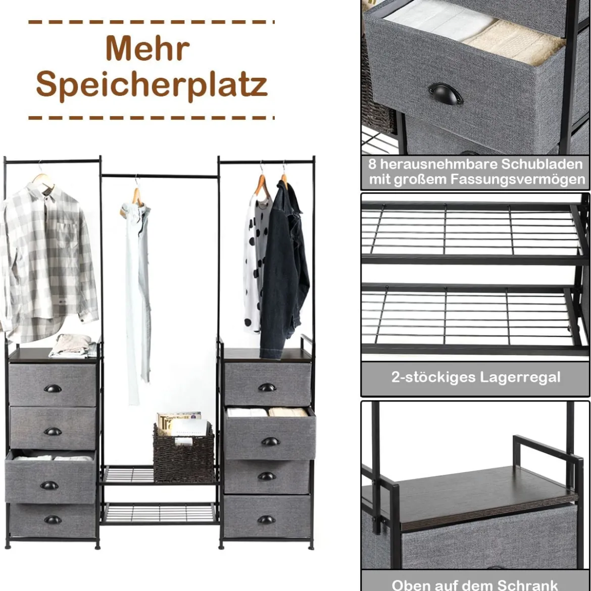 Stoffschrank mit Kleiderstange mit 8 Schubladen 146 x 29,5 x 190 cm Schwarz + Grau
