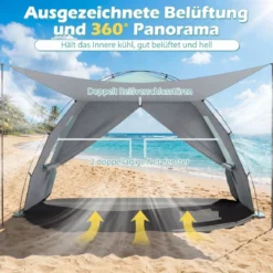 Strandmuschel mit Vordach Strandzelt UV-Schutz 50+ mit Reißverschlusstüren & Netzfenstern Grün