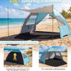 Strandmuschel mit Vordach Strandzelt UV-Schutz 50+ mit Reißverschlusstüren & Netzfenstern Blau