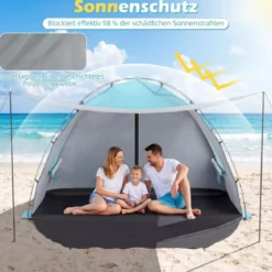 Strandmuschel mit Vordach Strandzelt UV-Schutz 50+ mit Reißverschlusstüren & Netzfenstern Blau