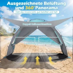 Strandmuschel mit Vordach Strandzelt UV-Schutz 50+ mit Reißverschlusstüren & Netzfenstern Blau