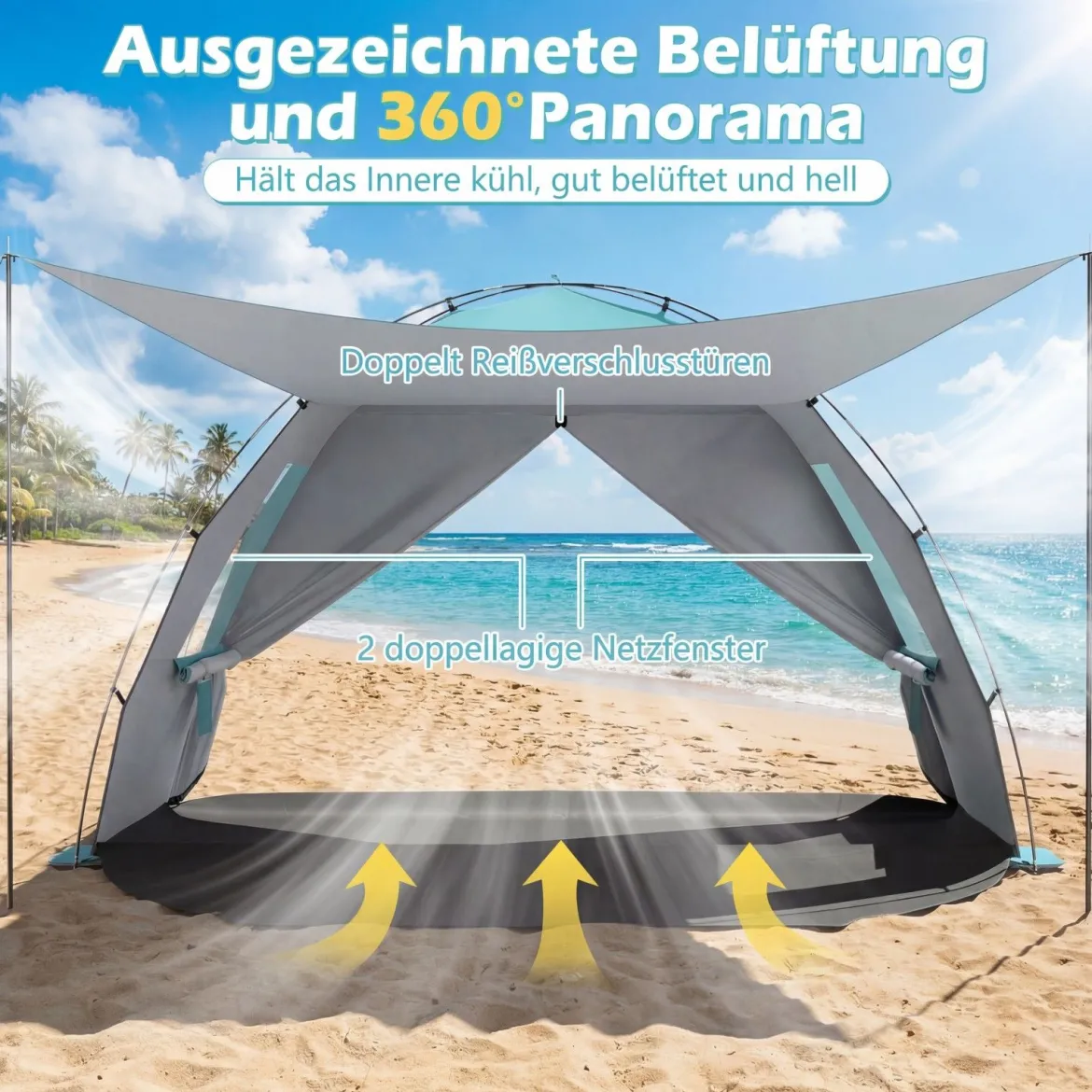 Strandmuschel mit Vordach Strandzelt UV-Schutz 50+ mit Reißverschlusstüren & Netzfenstern Blau
