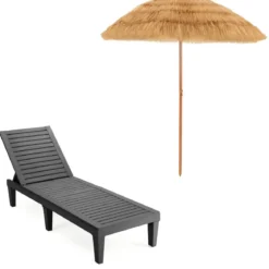 Strandschirm 175 cm Reisstroh Weiß + Beige + Sonnenliege mit Verstellbarer Rückenlehne Set Schwarz/Grau/Taupe