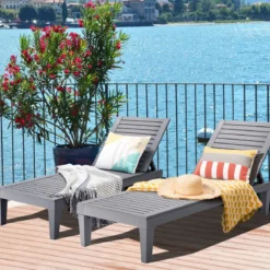 Strandschirm 175 cm Reisstroh Weiß + Beige + Sonnenliege mit Verstellbarer Rückenlehne Set Schwarz/Grau/Taupe