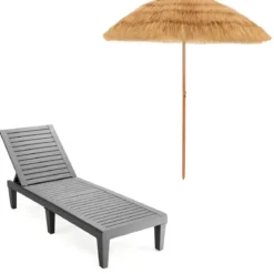 Strandschirm 175 cm Reisstroh Weiß + Beige + Sonnenliege mit Verstellbarer Rückenlehne Set Schwarz/Grau/Taupe