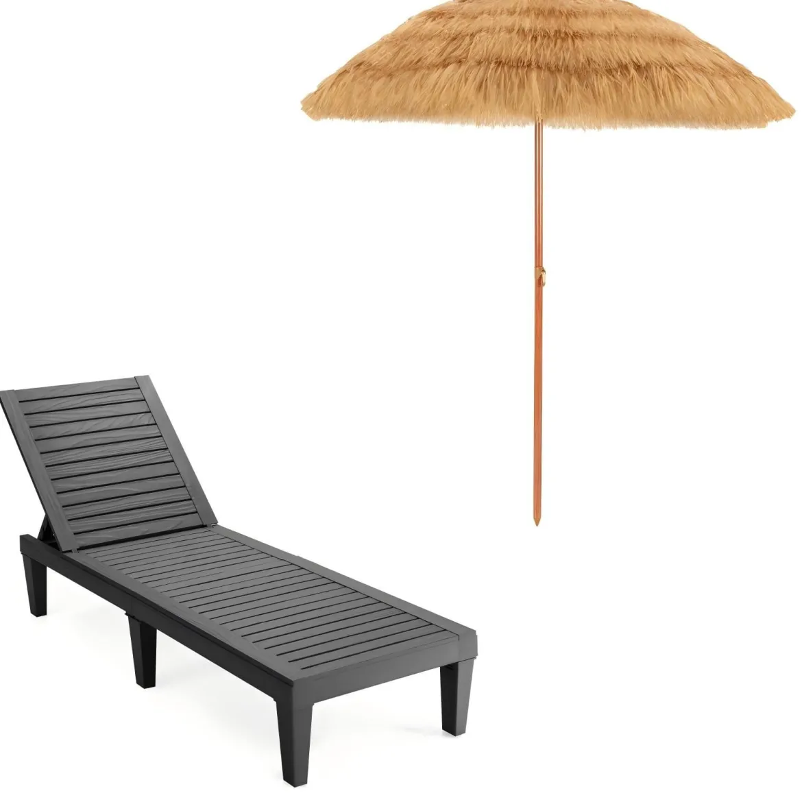 Strandschirm 175 cm Reisstroh Weiß + Beige + Sonnenliege mit Verstellbarer Rückenlehne Set Schwarz/Grau/Taupe
