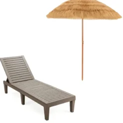 Strandschirm 175 cm Reisstroh Weiß + Beige + Sonnenliege mit Verstellbarer Rückenlehne Set Schwarz/Grau/Taupe
